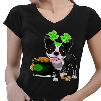 Cute Boston Terrier Shamrock St Patricks Day Women V-Neck T-Shirt - Monsterry UK