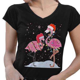 Cute Christmas Festive Flamingos Tshirt Women V-Neck T-Shirt - Monsterry