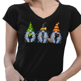 Cute Halloween Gnomes Cat Black Autumn Fall Funny Gnome Women V-Neck T-Shirt - Seseable