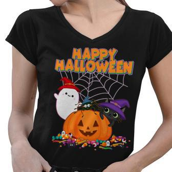 Cute Happy Halloween Friends Women V-Neck T-Shirt - Monsterry