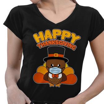 Cute Happy Thanksgiving Quarantine Turkey Mask Tshirt Women V-Neck T-Shirt - Monsterry AU