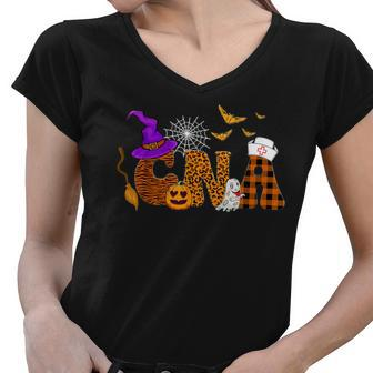 Cute Leopard Cna Nurse Happy Halloween Ghost Pumpkin Autumn Women V-Neck T-Shirt - Thegiftio UK