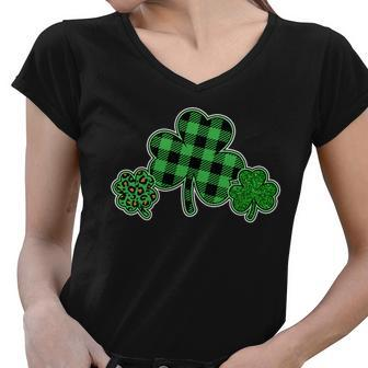 Cute St Patricks Day Plaid Leopard Print Shamrocks Clovers Women V-Neck T-Shirt - Monsterry CA