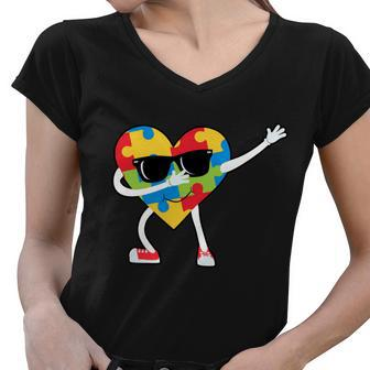 Dabbing Autism Awareness Puzzle Piece Heart Tshirt Women V-Neck T-Shirt - Monsterry