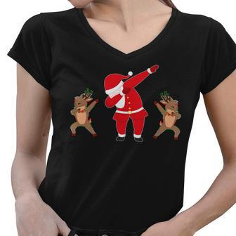 Dabbing Santa And Reindeer Funny Christmas Tshirt Women V-Neck T-Shirt - Monsterry