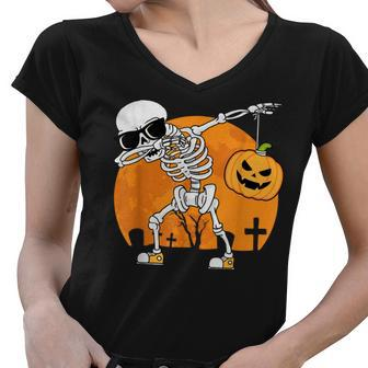 Dabbing Skeleton Funny Halloween Pumpkin Skeleton Women V-Neck T-Shirt - Seseable