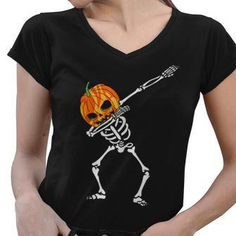 Dabbing Skeleton Pumpkin Head - Halloween Dancing Skeleton Women V-Neck T-Shirt - Seseable