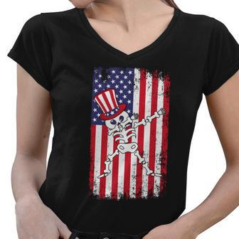 Dabbing Skull 4Th Of July Usa Flag Graphic Plus Size Women V-Neck T-Shirt - Monsterry