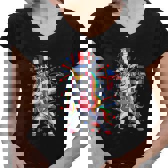 Dabbing Unicorn Funny 4Th Of July American Flag Women V-Neck T-Shirt - Monsterry