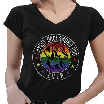 Dachshund Dad Lgbtgreat Giftq Gay Pride Flag Doxie Dog Lover Ally Great Gift Women V-Neck T-Shirt - Monsterry