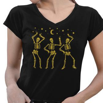 Dancing Skeletons Skeleton Dance Groovy Halloween Bones Women V-Neck T-Shirt - Seseable