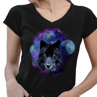 Dark Moon Wolf Galaxy Women V-Neck T-Shirt - Monsterry UK