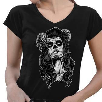 Day Of The Dead Beauty Skeleton Tshirt Women V-Neck T-Shirt - Monsterry DE