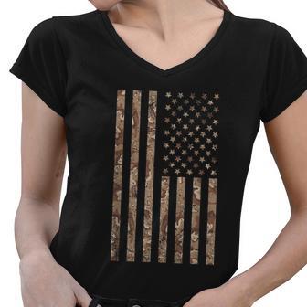 Desert Camo American Flag Military Tactical Camouflage Usa Funny Gift Women V-Neck T-Shirt - Monsterry