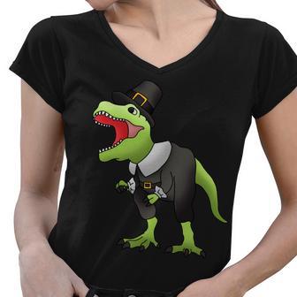 Dinosaur Thanksgiving Pilgrim Tshirt Women V-Neck T-Shirt - Monsterry CA