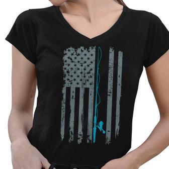 Distressed American Flag Fishing Pole Women V-Neck T-Shirt - Monsterry