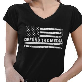 Distressed Defund The Media American Flag Women V-Neck T-Shirt - Monsterry DE