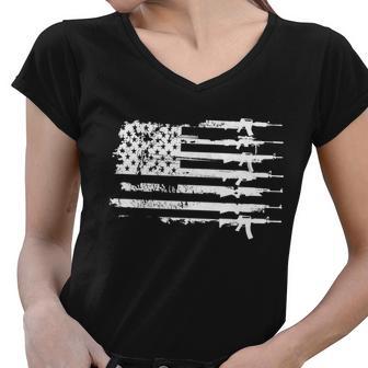 Distressed Gun Riffle Us Flag Women V-Neck T-Shirt - Monsterry