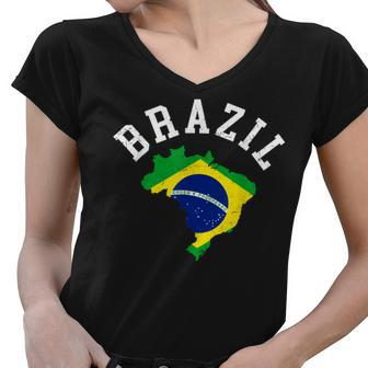 Distressed Retro Brazil Flag Map Patriotic Women V-Neck T-Shirt - Thegiftio UK