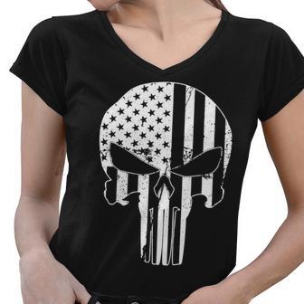 Distressed Usa American Skull Women V-Neck T-Shirt - Monsterry UK