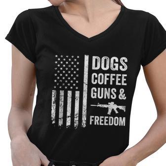 Dogs Coffee Guns & Freedom Funny Pro Gun American Flag Women V-Neck T-Shirt - Monsterry AU