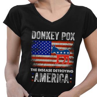 Donkey Pox The Disease Destroying America Usa Flag Funny Anti Biden Women V-Neck T-Shirt - Monsterry AU