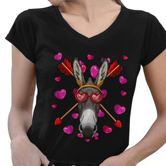 Donkey Valentines Day Animal Face Heart Glass Love Arrows Gift Women V-Neck T-Shirt - Monsterry