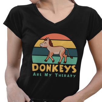 Donkeys As Therapy Funny Mule Farm Animal Gift Women V-Neck T-Shirt - Monsterry