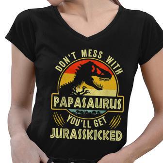 Dont Mess With Papasaurus Youll Get Jurasskicked Fathers Day Women V-Neck T-Shirt - Monsterry DE