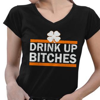 Drink Up Bitches Irish Clover Tshirt Women V-Neck T-Shirt - Monsterry CA