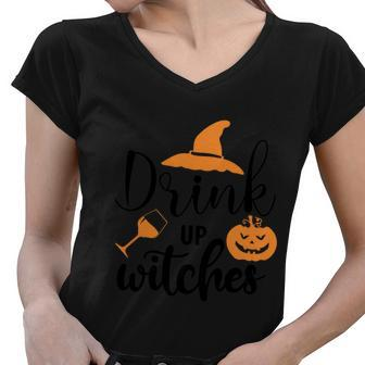 Drink Up Witches Witch Hat Pumpkin Halloween Quote Women V-Neck T-Shirt - Monsterry AU