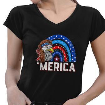 Eagle Mullet 4Th Of July Rainbow American Flag Women V-Neck T-Shirt - Monsterry