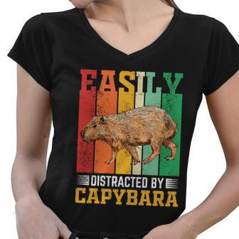 Easily Distracted By Capybara Animal Lover Rodent Gift Women V-Neck T-Shirt - Monsterry AU