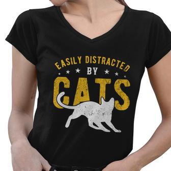 Easily Distracted By Cats Gift Women V-Neck T-Shirt - Monsterry UK