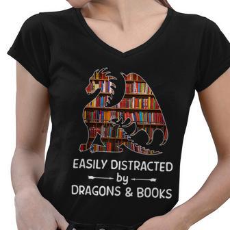 Easily Distracted By Dragon And Books Nerds Tshirt Women V-Neck T-Shirt - Monsterry UK