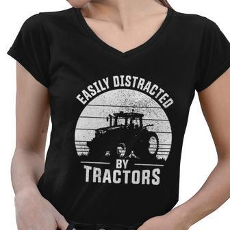Easily Distracted By Tractors Farmer Tractor Funny Farming Tshirt Women V-Neck T-Shirt - Monsterry