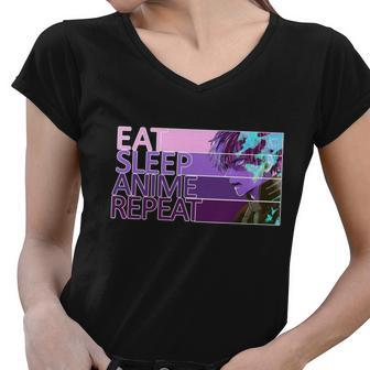 Eat Sleep Anime Repeat Funny Cartoon Women V-Neck T-Shirt - Monsterry AU