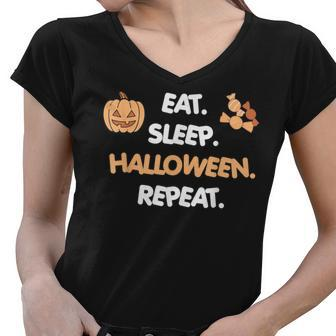 Eat Sleep Halloween Repeat Pumpkin Classic Funny Women V-Neck T-Shirt - Thegiftio UK