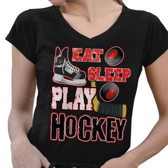 Eat Sleep Play Hockey Women V-Neck T-Shirt - Monsterry