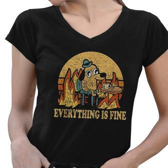 Everything Is Fine Dog Drinking Coffee Burning Meme Women V-Neck T-Shirt - Thegiftio UK