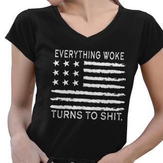 Everything Woke Turns To Shit American Flag Women V-Neck T-Shirt - Monsterry DE