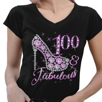 Fabulous & 100 Sparkly Shiny Heel 100Th Birthday Tshirt Women V-Neck T-Shirt - Monsterry UK