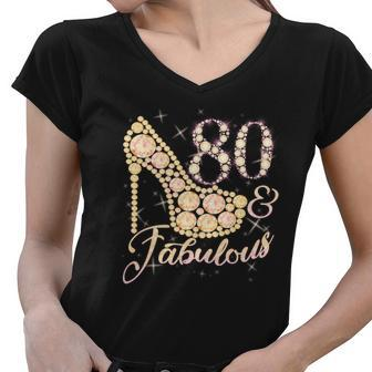 Fabulous & 80 Sparkly Heel 80Th Birthday Tshirt Women V-Neck T-Shirt - Monsterry