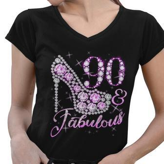 Fabulous & 90 Sparkly Shiny Heel 90Th Birthday Tshirt Women V-Neck T-Shirt - Monsterry UK