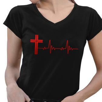 Faith Cross Heartbeat Pulse Tshirt Women V-Neck T-Shirt - Monsterry CA