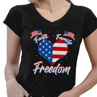 Faith Family Freedom Usa American Flag Heart Women V-Neck T-Shirt - Monsterry