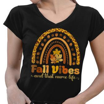 Fall Vibes And That Nurse Life Autumn Boho Rainbow Women V-Neck T-Shirt - Thegiftio UK