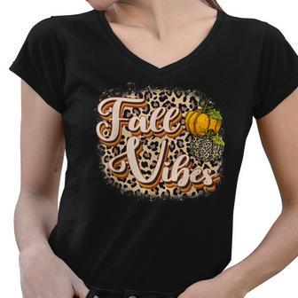 Fall Vibes Leopard Print Pumpkin Halloween 2022 Women V-Neck T-Shirt - Thegiftio UK