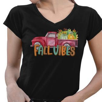 Fall Vibes Old School Truck Full Of Pumpkins And Fall Colors Women V-Neck T-Shirt - Thegiftio UK