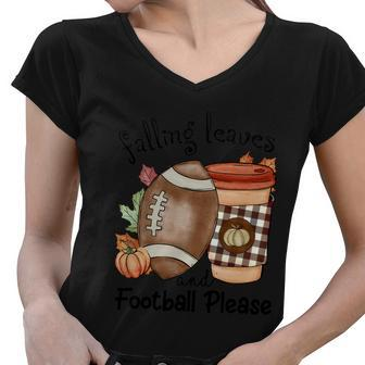 Falling Leaves And Football Please Thanksgiving Quote V2 Women V-Neck T-Shirt - Monsterry
